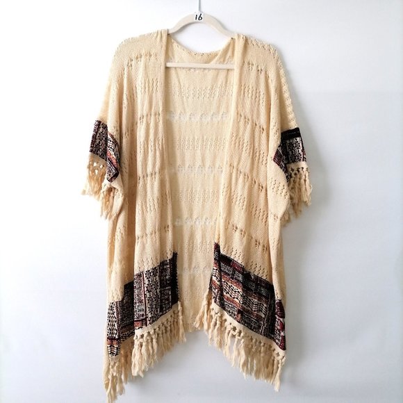 Unbranded Womens Beige Fringe Fair Isle Open Front Cardigan One Size - Picture 1 of 5